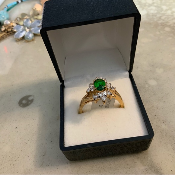 SYN EMERALD CLUSTER CZ GOLD PL RING SZ 10 14KT - Picture 14 of 16